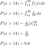 P(x14)=\int_{14}^{20} f(x)\, dx\\\\P(x14)=\int_{14}^{20} \frac{1}{10} \, dx\\\\P(x14)=\frac{1}{10} [x]_{14}^{20}\\\\P(x14)=\frac{6}{10}\\\\P(x14)=0.6