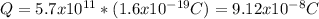 Q= 5.7x10^{11} * (1.6 x10^{-19}C) = 9.12x10^{-8} C