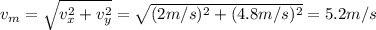 v_m =\sqrt{v^2_x + v^2_y} = \sqrt{(2m/s)^2 +(4.8 m/s)^2}= 5.2 m/s