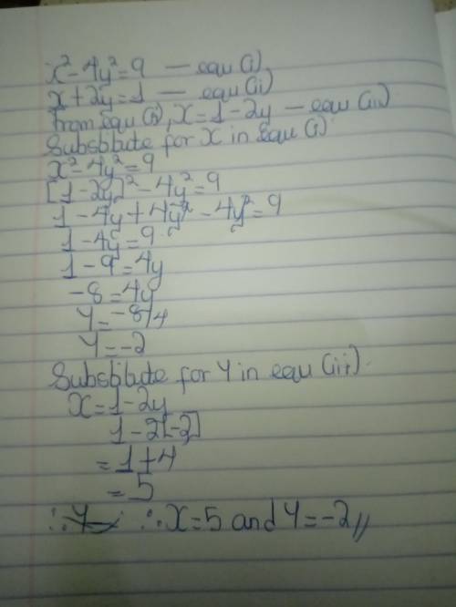 X^2-4y^2=9; x+2y=1, solve for x and y
