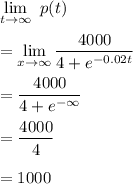 \displaystyle\lim_{t\to\infty}~p(t)\\\\= \lim_{x\to\infty} \frac{4000}{4+e^{-0.02t}}\\\\=\frac{4000}{4+e^{-\infty}}\\\\=\frac{4000}{4}\\\\= 1000
