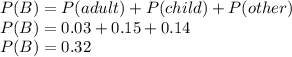 P(B) =P(adult)+P(child)+P(other)\\P(B) = 0.03+0.15+0.14\\P(B) =0.32