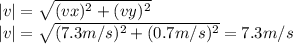 |v| = \sqrt{(vx)^{2} + (vy)^{2}} \\|v| = \sqrt{(7.3 m/s)^{2} + (0.7 m/s)^{2}} = 7.3 m/s