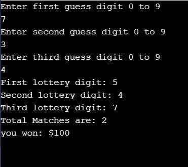 Create a lottery game application. Generate three random numbers (see Appendix D for help in doing s