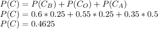 P(C) = P(C_B)+P(C_O)+P(C_A)\\P(C) =0.6*0.25+0.55*0.25+0.35*0.5\\P(C) = 0.4625