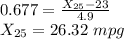 0.677=\frac{X_{25}-23}{4.9}\\X_{25}=26.32\ mpg