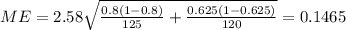 ME= 2.58 \sqrt{\frac{0.8(1-0.8)}{125} +\frac{0.625 (1-0.625)}{120}}= 0.1465