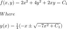 f(x,y)=2x^2+4y^2+2xy=C_1\\\\Where\\\\y(x)=\frac{1}{4} (-x\pm \sqrt{-7x^2+C_1} )