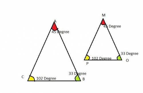 Please help! Triangle ABC is similar to triangle MOP! A = 45 and P = 102. What is the measure of B?