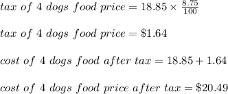 tax\ of\ 4\ dogs\ food\ price=18.85\times\frac{8.75}{100}\\\\tax\ of\ 4\ dogs\ food\ price=\$1.64\\\\cost\ of\ 4 \ dogs\ food\ after\ tax=18.85+1.64\\\\cost\ of\ 4\ dogs\ food\ price\ after\ tax=\$20.49