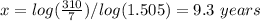 x=log(\frac{310}{7})/log(1.505)=9.3\ years