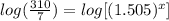 log(\frac{310}{7}) =log[(1.505)^x]