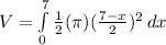 V=\int\limits^7_0 {\frac{1}{2}(\pi ) (\frac{7-x}{2}) ^{2}} \, dx