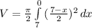 V=\frac{\pi }{2}\int\limits^0_7 {(\frac{7-x}{2} )^{2} } \, dx