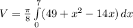 V=\frac{\pi }{8}\int\limits^7_0 ({49+x^{2} -14x)} \, dx
