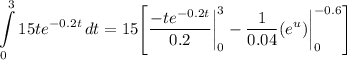 \displaystyle \int\limits^3_0 {15te^{-0.2t}} \, dt = 15 \Bigg[ \frac{-te^{-0.2t}}{0.2} \bigg| \limits^3_0 - \frac{1}{0.04}(e^u) \bigg| \limits^{-0.6}_0 \Bigg]
