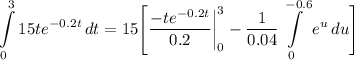 \displaystyle \int\limits^3_0 {15te^{-0.2t}} \, dt = 15 \Bigg[ \frac{-te^{-0.2t}}{0.2} \bigg| \limits^3_0 - \frac{1}{0.04} \int\limits^{-0.6}_0 {e^{u}} \, du \Bigg]