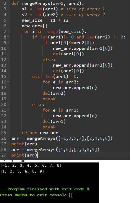 Merge together two sorted arrays of ints into a new array. * * Example1 merge: [-1 3 5 7 ] with [ 2