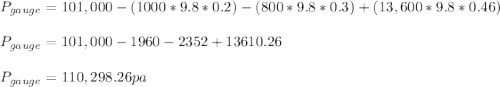 P_{gauge}  = 101,000 - (1000* 9.8*0.2) - (800* 9.8*0.3) +(13,600* 9.8*0.46)\\\\P_{gauge}  = 101,000 - 1960 - 2352 + 13610.26\\\\P_{gauge}  = 110,298.26 pa