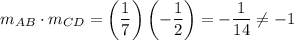 m_{AB}\cdot m_{CD}=\left(\dfrac{1}{7}\right)\left(-\dfrac{1}{2}\right)=-\dfrac{1}{14}\neq-1