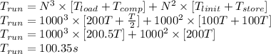 T_{run}=N^3 \times [T_{load}+T_{comp}]+N^2 \times [T_{linit}+T_{store}]\\T_{run}=1000^3 \times [200T+\frac{T}{2}]+1000^2 \times [100T+100T]\\T_{run}=1000^3 \times [200.5T]+1000^2 \times [200T]\\T_{run}=100.35 s
