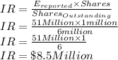 IR=\frac{E_{reported}\times Shares}{Shares_{Outstanding}}\\IR=\frac{51 Million\times 1 million}{6 million}\\IR=\frac{51 Million\times 1 }{6 }\\IR=\$ 8.5 Million