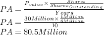PA=\frac{P_{value}\times \frac{Shares}{Shares_{Outstanding}}}{Years}\\PA=\frac{30 Million \times \frac{1 Million}{6 Million}}{10}\\PA=\$0.5 Million