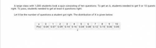 A large class with 1,000 students took a quiz consisting of ten questions. To get an A, students nee