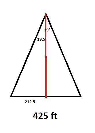 A parcel of land is in the shape of an isosceles triangle. The base has a length of 425 ft.; the oth