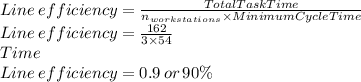 Line \, efficiency=\frac{Total Task Time}{n_{workstations} \times Minimum Cycle Time}\\Line \, efficiency=\frac{162}{3\times 54}\\Time}\\Line \, efficiency=0.9\, or \, 90\%\\