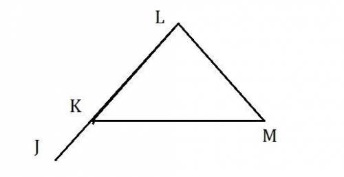 Triangle K M L is shown. Line L K extends through point J to form exterior angle J K M. Which statem