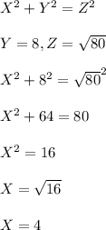 X^2+Y^2=Z^2\\\\Y=8, Z=\sqrt{80} \\\\X^2+8^2=\sqrt{80}^2\\\\X^2+64=80\\\\X^2=16\\\\X=\sqrt{16} \\\\X=4