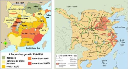 Based on both maps, which of these describes China's population density between the Tang and Song dy