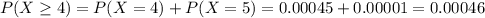 P(X \geq 4) = P(X = 4) + P(X = 5) = 0.00045 + 0.00001 = 0.00046