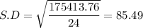 S.D = \sqrt{\dfrac{175413.76}{24}} = 85.49