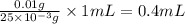 \frac{0.01g}{25\times 10^{-3}g}\times 1mL=0.4mL