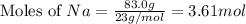 \text{Moles of }Na=\frac{83.0g}{23g/mol}=3.61mol