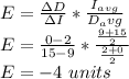 E=\frac{\Delta D}{\Delta I}*\frac{I_{avg}}{D_avg}\\E=\frac{0-2}{15-9}*\frac{\frac{9+15}{2}}{\frac{2+0}{2} }\\E=-4\ units