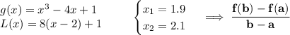 \bf \begin{array}{llll} g(x)=x^3-4x+1\\ L(x) = 8(x-2)+1 \end{array} \qquad \begin{cases} x_1=1.9\\ x_2=2.1 \end{cases}\implies \cfrac{f(b)-f(a)}{b-a}