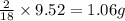 \frac{2}{18}\times 9.52=1.06g