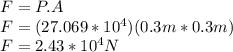 F=P.A\\F=(27.069*10^{4} )(0.3m*0.3m)\\F=2.43*10^{4}N