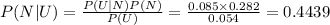 P (N|U)=\frac{P(U|N)P(N)}{P(U)} =\frac{0.085\times0.282}{0.054}=0.4439