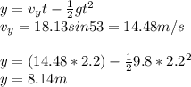y=v_{y}t-\frac{1}{2}gt^{2}\\ v_{y}=18.13sin53=14.48m/s\\\\y=(14.48*2.2)-\frac{1}{2}9.8*2.2^{2}\\y=8.14m\\