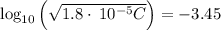 \log _{10}\left(\sqrt{1.8\cdot \:10^{-5}C}\right)=-3.45