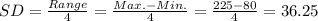 SD=\frac{Range}{4}=\frac{Max.-Min.}{4}=\frac{225-80}{4}= 36.25