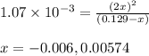 1.07\times 10^{-3}=\frac{(2x)^2}{(0.129-x)}\\\\x=-0.006,0.00574