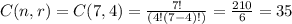 C(n,r) = C(7,4)=\frac{7!}{( 4! (7 - 4)! )}=\frac{210}{6}=35