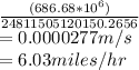 \frac{(686.68*10^{6} )}{24811505120150.2656} \\= 0.0000277 m/s\\= 6.03 miles/hr