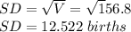 SD = \sqrt V=\sqrt156.8\\SD=12.522\ births