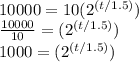 10000 = 10(2^{(t/1.5)})\\\frac{10000}{10} = (2^{(t/1.5)})\\1000 = (2^{(t/1.5)})